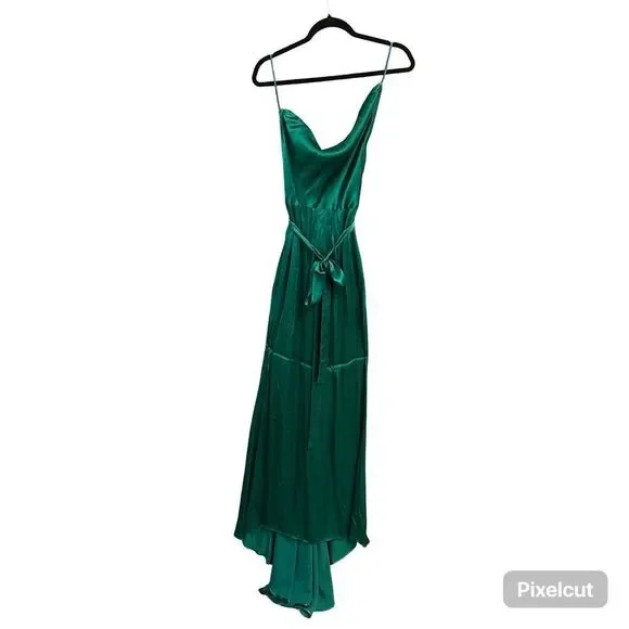 Michael Costello x REVOLVE Tonya Gown Green satin dress slip train evening S